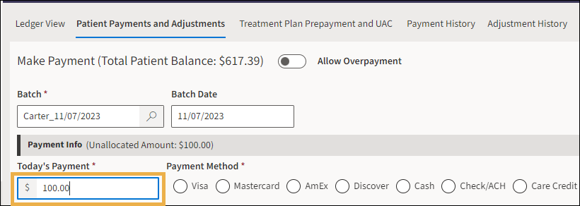 Payment Posting with yellow highlight box around the Today's Payment field.